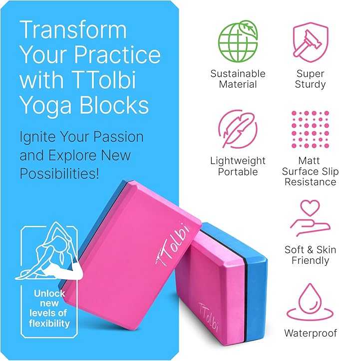 TTolbi Yoga Starter Kit - Yoga Blocks 2 Pack, Strap & 2 Knee Pad Cushions | Non-Slip EVA Foam Equipment for Stretching, Flexibility & Joint Comfort | Home Pilates Set for Beginners, Women & Men