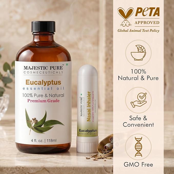 Majestic Pure Eucalyptus Essential Oil 4 Fl Oz | With Nasal Inhaler