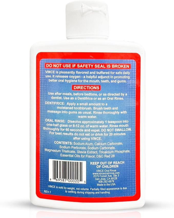 Vince Gum & Mouth Toothpaste Powder - Dentifrice & Mouthwash - Cavity Prevention - Gingivitis - Irritated, Bleeding & Receding Gums - Canker Sore - Bad Breath - Inflammation - Tonsil Stones - 4 Ounce