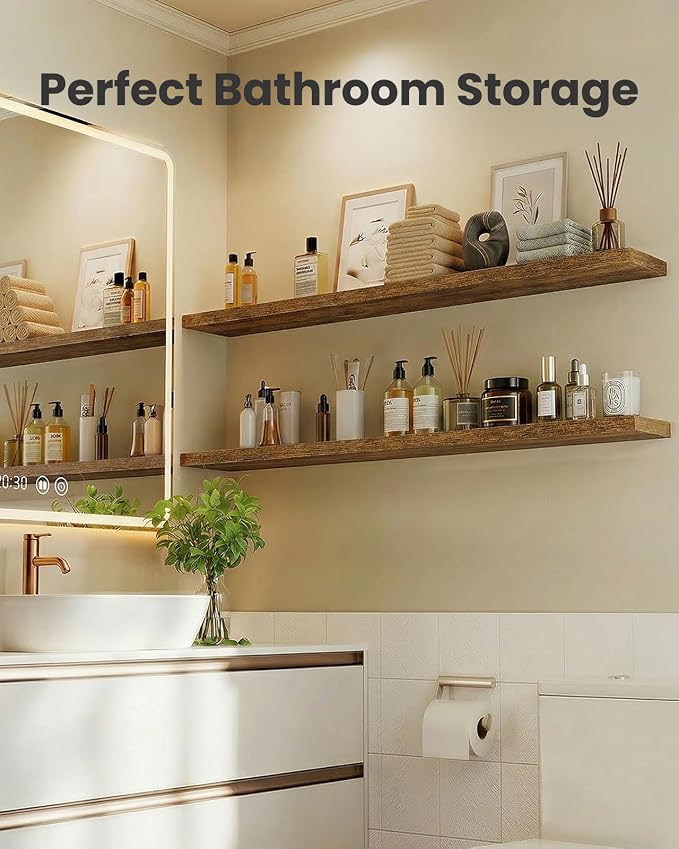 AMADA HOMEFURNISHING 47.2" L Floating Shelves, Wall Shelves Set of 3 for Bathroom/Living Room/Bedroom/Kitchen, Floating Shelves for Wall Decor with Invisible Brackets - AMFS55V