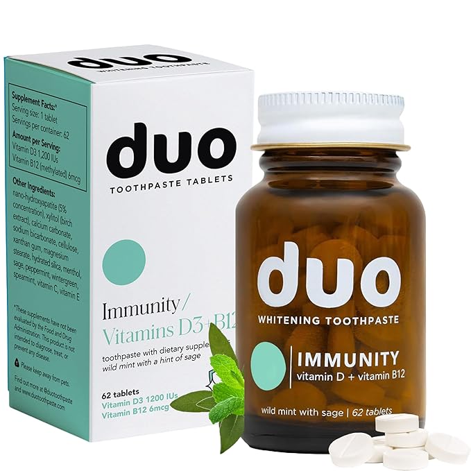 Duo Immunity Toothpaste Tablets | Vitamin D3 + B12 w/Nano-Hydroxyapatite (nHa) - Whitening, Remineralize & Reduce Sensitivity | Sustainable & Plastic Free | Wild Mint w/Sage, 1 Bottle/ 62 Tablets