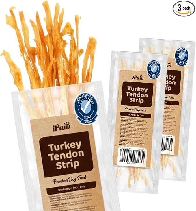 iPaw Turkey Tendon for Dogs Value Pack, SQF-Certified Production Process | Strips (3 Packs), Single Protein, Hypoallergenic, Grain free, Rawhide Alternative Dog Treats, US-Sourced Turkey