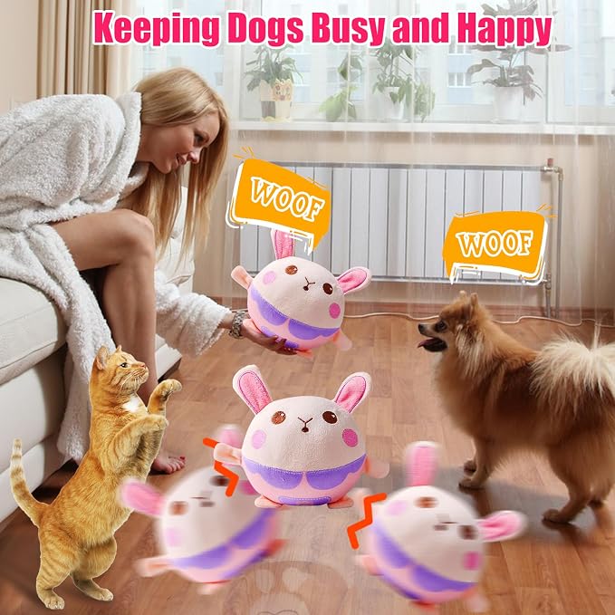 Interactive Plush Dog Toy - Bouncing Rolling Ball With Remote Control and Music, Self-Moving Pet Toy for Small/Medium/Large Bored Dogs (Rabbit)