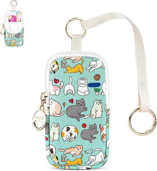 Tampon Holder for Purse, Cute Period Bag with Wristlet Strap, Portable Tampon Bag Organizer Case for Feminine Products (Green Cats)