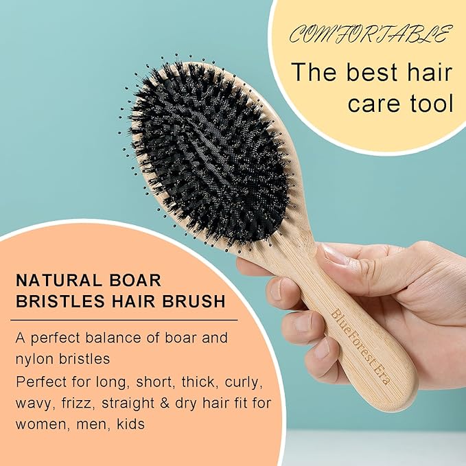 BlueForest Era Hair Brush, Boar & Nylon Bristle Hair Brushes for Women Men Kids, Natural Bamboo oval Paddle Handle Hairbrush for Wet or Dry Hair Adds Shine and Smoothing Massaging Detangling