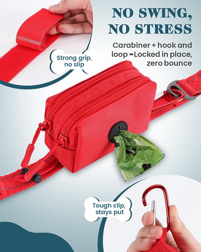 Dog Poop Bag Holder for Leashes, Red Doggie Waste Bag Dispenser and Treat Holder, with Carabiner Hook and Poop Bag Clip, Used Waterproof Wear-Resistant Fabric and 2 Zippered Pouches for Walking