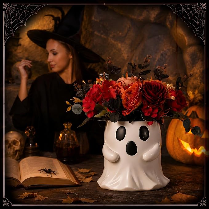 SiliFine Halloween Ghost Bucket with Artificial Flowers Halloween Vase | 6 Inch, Ghost Vase Planter Pot, Halloween Floral Centerpiece, Halloween Candy Holder, Desktop, Indoor Outdoor Holiday Decor