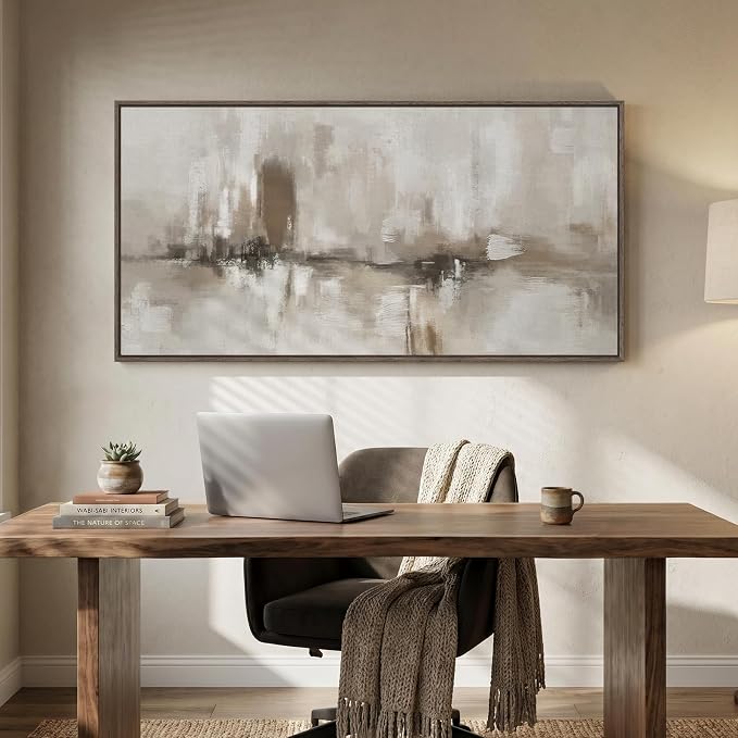 Large Framed Neutral Abstract Wall Art for Living Room, Horizontal Beige Gray Canvas Prints Paintings Artwork for Walls, Modern Minimalist Pictures Wall Decor for Bedroom Dining Room Office 60x30 In