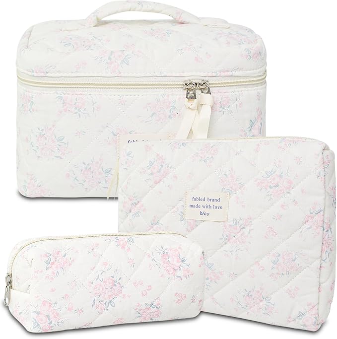 GISMTR 3Pcs Cotton Quilted Makeup Bag Large Travel Cosmetic Bag Coquette Makeup Pouch Cute Aesthetic Floral Toiletry Bag for Women Girls (flower-S)