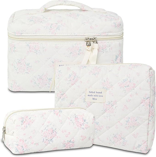 GISMTR 3Pcs Cotton Quilted Makeup Bag Large Travel Cosmetic Bag Coquette Makeup Pouch Cute Aesthetic Floral Toiletry Bag for Women Girls (flower-S)