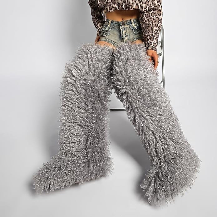 SWEETHEART BEAUTY Thigh High Shagy Teddy Fur Boots, 29 Inch Over the Knee Length Fluffy High Boots, Tall Furry Shoes For Women