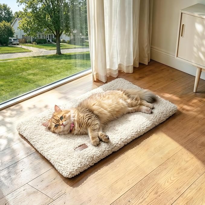 Self Warming Cat Bed Self Heating Cat Dog Mat Pad 24 x 18 in Extra Warm | Non Electric, Self Heated Cat Bed for Indoor Outdoor Pets, Removable Washable Cover, Non-Slip Bottom, Crinkle-Free, Beige