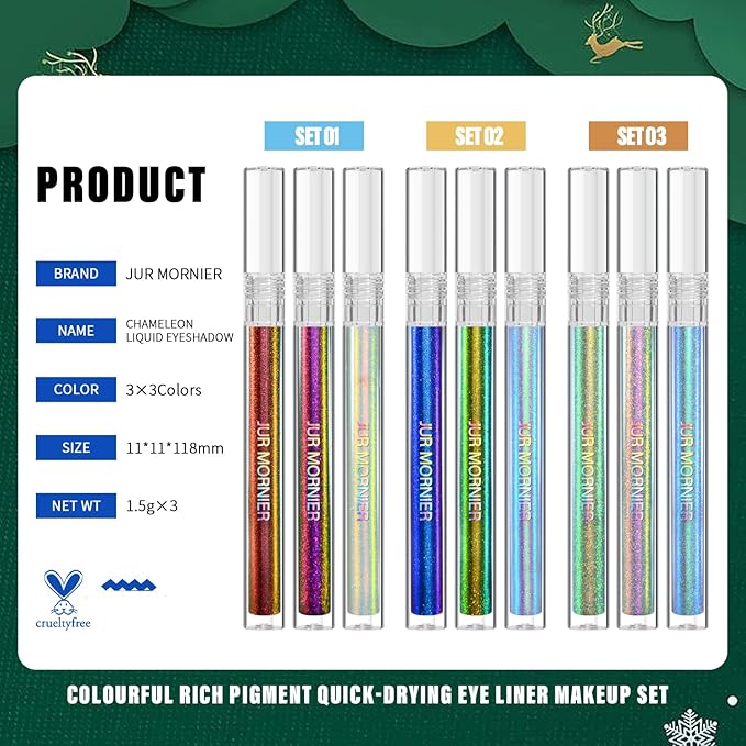 Multichrome Liquid Eyeshadow Set,3 Colors Multi-Dimensional Eye Liner Makeup,High Pigment Waterproof Metallic Eye Shadow,Ultre Fine Tip Glitter Eyeshadow (107+108+109)