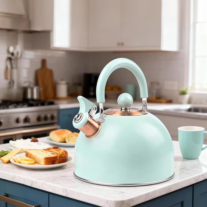 2.6 Quart Mint Green Whistling Tea Kettle, tea pot, Stainless Steel, Cool-Touch Handle, Loud Whistle, 7.48-inch Base, Induction Compatible