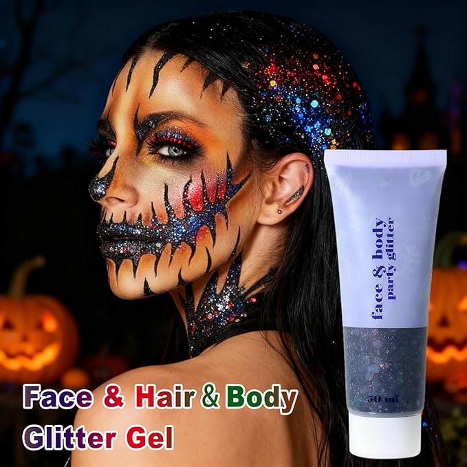 Black Body Glitter,Face Hair Glitter for Kids and Women, Chunky Sequins Glitters Makeup, Halloween Accessories (Halloween Themed)