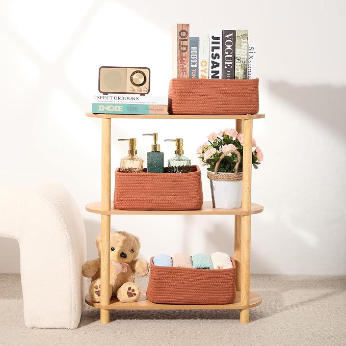 MiniArk Small Storage Baskets for Organizing | Closet Organizer Bins | Shelf Toy Basket | Woven Rope Baskets | Cube Decorative Box | Shallow Basket | 11.5x7.5x4.7” | 4 Packs Oxide Red