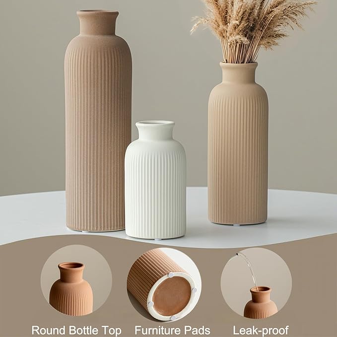 Modern Ceramic Vase Set, Earth Tone Natural Color Ribbed Matte Design, 3-Piece Decorative Vases for Home, Living Room, Office (Coffee Mix)