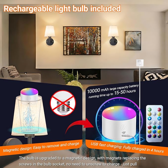 YHCDLAMP Peel and Stick Wall Sconces, No Drilling Stick On Wall Sconce, Wireless Battery Operated Wall Lights, Adhesive Wall Lamp with 10000mAh Battery Bulb for Bedroom Living Room Decor