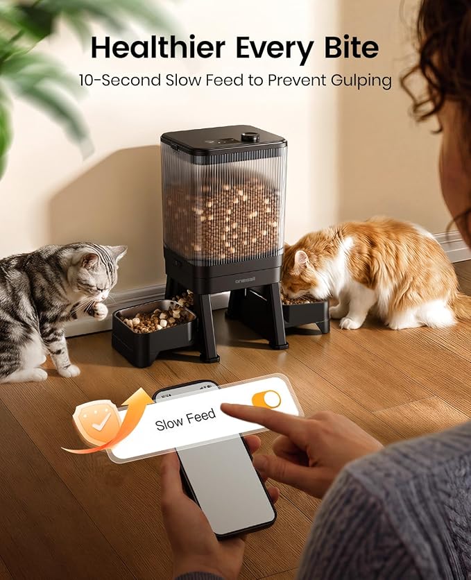 oneisall 5G WiFi Automatic Cat Feeder for 2 Cats, App Control, 32 Cups/7L | Elevated Bowls, Timed Meals, Feed Now, Feeding Logs, Slow Feed, Balanced Dispensing, Precise Portions, Easy-to-Clean