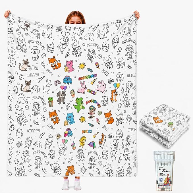 VEELU DIY Coloring Blankets with 24 Colors Markers for Adults | Custom Color In Your Own Blankets With 24 Colors Markers, Snuggle Color Sketch Washable Blankets Kit Home Decor