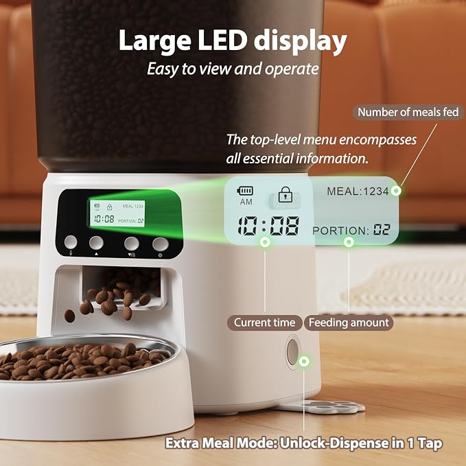 Petrice Automatic Cat Feeder, 4L/16Cups Cat Food Dispenser with Stainless Steel Bowl 30 Portions 6 Meals per Day, Programmable Auto Cat Feeder for Kitty Small Dogs with 10S Voice Record, White