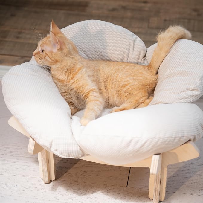 Elevated Cat Bed for Indoor Cats Couch Sofa Flower | Pet Beds with Soft Washable Cushion, Stable Wooden Frame, Raised Cat Hammock & Furniture for Kitty & Puppy All-Season(White)
