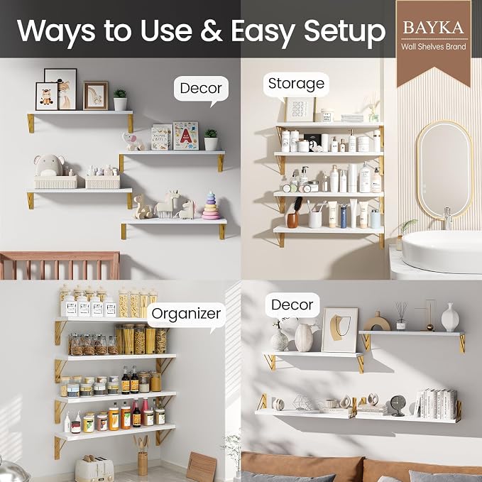 BAYKA Wall Shelves for Bedroom Decor, Floating Wall Shelf for Living Room Kitchen Storage, Mounted Rustic Wood Shelves for Kids Books, Corner Shelf for Bathroom(White and Gold，23in，Set of 4)