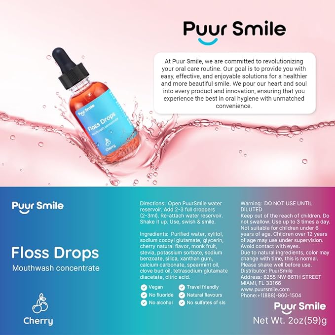 Puur Smile Concentrated Floss Drop Serum – 2oz Concentrated Mouth Wash to Use in Water Flosser | Natural Essentials Promotes Good Breath | Organic Drop Provides Good Oral Health (Cherry Flavor)