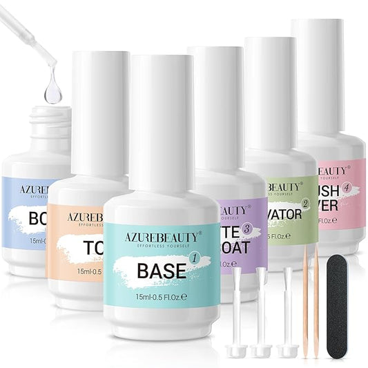 AZUREBEAUTY Dip Powder Liquid Set Bond, Base, Glossy Matte Top Coat, Activator, Brush Saver Dipping Powder Essential Tools No Nail Lamp Needed 0.5Fl oz 15ml 6Pcs