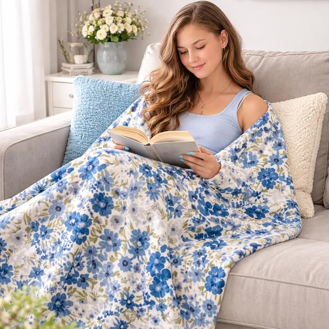 Spring Velvet Fleece Floral Throw Blanket: Garden Breeze of Grey Blue Green Flowers on a Colorful Soft Cozy White Design, Oversized 50" x 70"