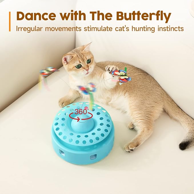 Potaroma Cat Toys 3-in-1 Automatic Interactive Kitten Toy, Fluttering Butterfly, Random Moving Ambush Feather, Track Balls, Dual Power Supplies, USB Powered, Indoor Exercise Cat Kicker (Blue) | Fluttering Butterfly, Random Moving Feather, Balls, Dual P...