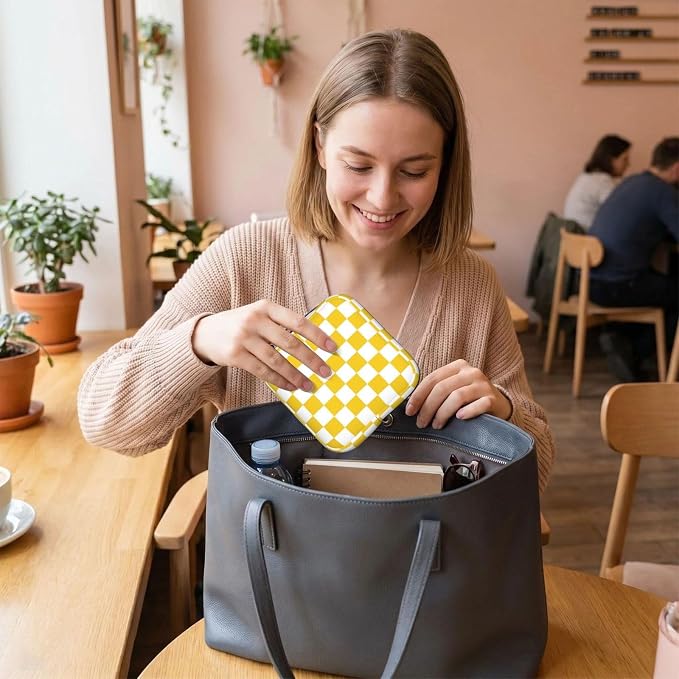Yellow And White Checkered Checkerboard Chess Square Grid Period Bag For Women,Portable Sanitary Napkin Period Pad Pouch For Purse, Small Make Up Bags