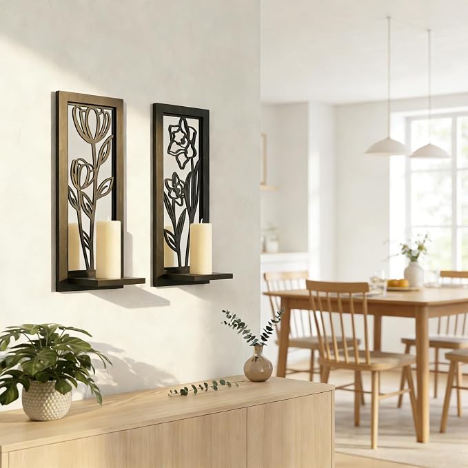 ZEXUIRU 2 Set Rustic Candle Sconces Living Room Bedroom Entryway Wood Mirrored, Farmhouse, Carved Frame Wall-Mount Wooden Candle Holders Wall Decor Hanging Handmade Holder - Black