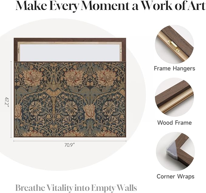 Extra Large Framed William Morris Wall Art for Living Room, Oversized Vintage Painting Print Canvas Artwork for Walls, Horizontal Floral Botanical Picture Bedroom Hallway Office Wall Decor, 72x48 Inch