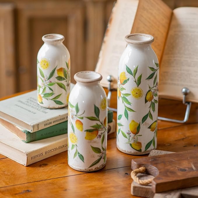Teweiqi Vintage Vase Set of 3, Ceramic Flower Vases Decor, Rustic Farmhouse Vases Retro Decorative Vases, for Home Living Room Kitchen Table Mantle Shelf Decor - Lemon