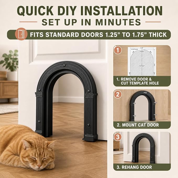 Cat Door for Interior Doors Large Cat Door for Cats Up to 25 lbs, No-Flap
