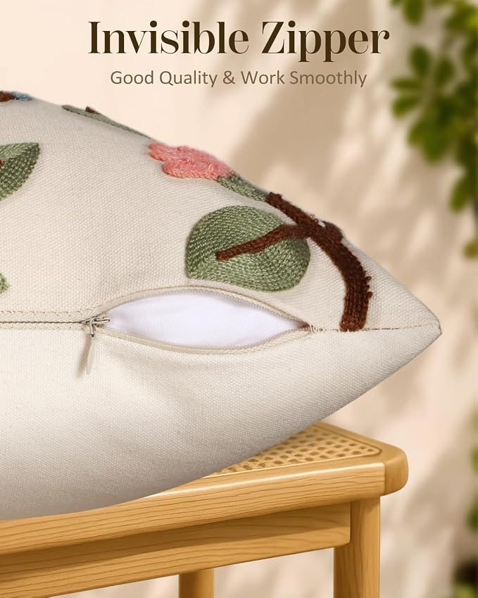 Embroidered Throw Pillow Covers 18x18 Inch, 2Pack, Bird Lemon | Decorative Pillow Covers Set of 2, Farmhouse Cushion Cases with Hidden Zipper, Cottagecore Decor for Couch, Sofa, Living Room