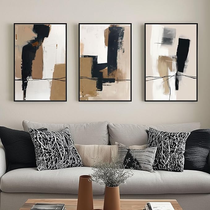 SAFERRYHOME Neutral Abstract Black and Tan Brown Wall Art Set of 3, 24"x36" | Black and Tan Brown Framed Canvas Print Set,Mid-Century Modern Brown Minimalist Shapes for Living Room Bedroom Office Hallway