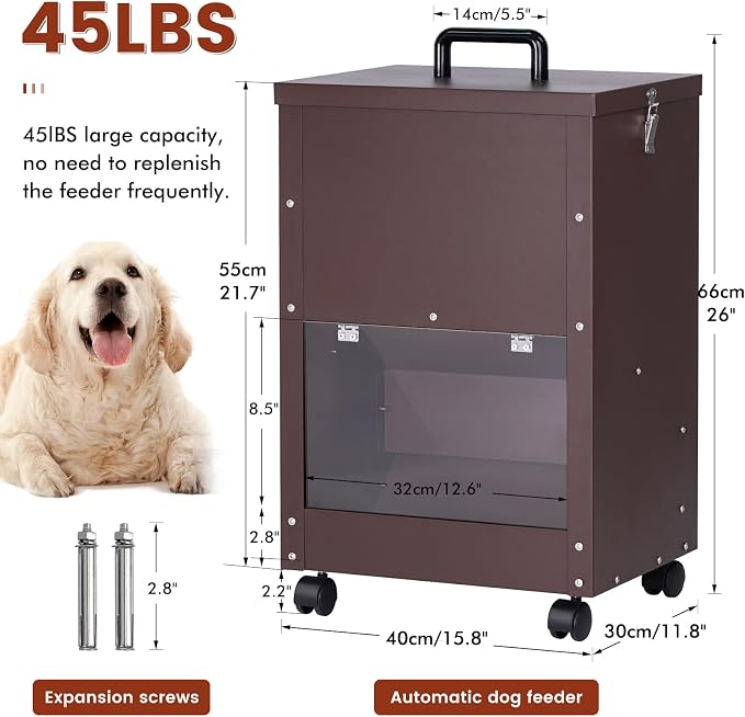 Automatic Dog Feeder Large Breed 45lb Outdoor Dog Food Dispenser for Large Dogs Self Feeding Galvanized Metal Dogs Pets Feeder Gravity Food Feed with Wheels (Brown)