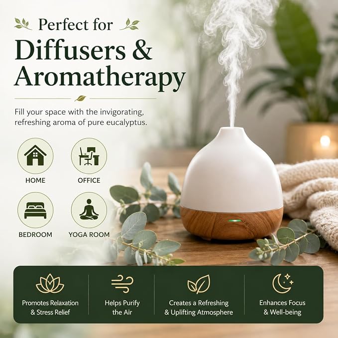 GreenHealth Eucalyptus Essential Oil – 2 Pack (4 fl oz Each) – 100% Pure & Natural – Aromatherapy Oil for Diffuser, Cleaning, and Home Fragrance – Amber Glass Bottle with Glass Dropper