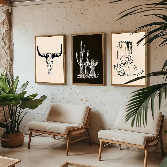 Vintage Western Wall Art Set of 3, Southwestern Cowboy Wall Decor Paintings, Black and White Longhorn Bull Skull Canvas Prints for Bedroom Living Room 12x16 inch Wood Framed
