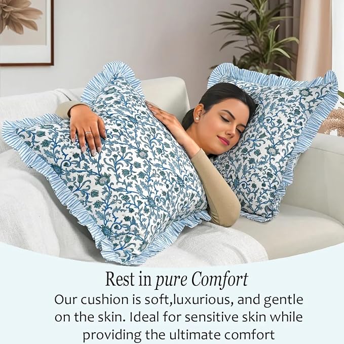 CPC Ocean Vine Hand Block Print 100% Cotton Ruffle Throw Pillow Cover 20x20 inch with Hidden Zipper Decorative for Couch, Bed, Sofa, Farmhouse, Cottagecore Decor Gift Christmas Fall Thanksgiving