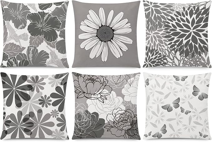 COMMINY Grey Pillow Covers 18x18 Set of 6 Decorative Daisy Flower Throw Pillow Cover for Couch Modern Cushion Cover for Patio Living Room Cushion Bed Farmhouse Home Decor | Flower Bloom, Farmhouse Cushion Cover, Breathable Linen, Standard Throw Pillow ...