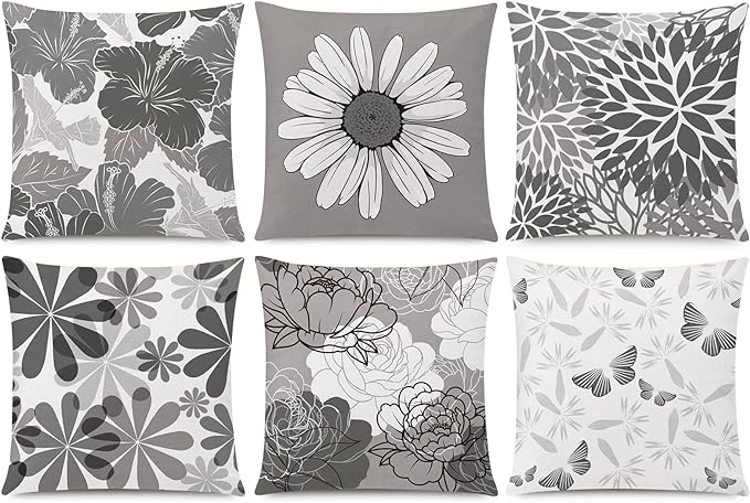 COMMINY Grey Floral Pillow Covers 16x16 Set 6 Farmhouse Throw Cover | farmhouse daisy dahlia flower, decorative cushion cover, Breathable Linen, Bedroom Accent pillow chair small Sofa Couch