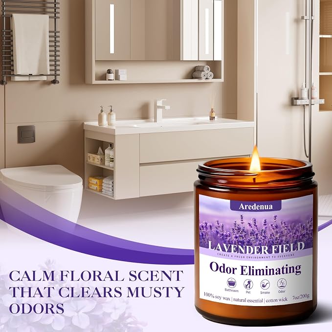 Lavender Odor Eliminating Candles | Eliminates 95% of Pet, Smoke, Food, and Other Smells – 7oz Soy Candle for Home Scented - Aromatherapy Stress Relief Scented Candles - Relaxing Gifts for Calm