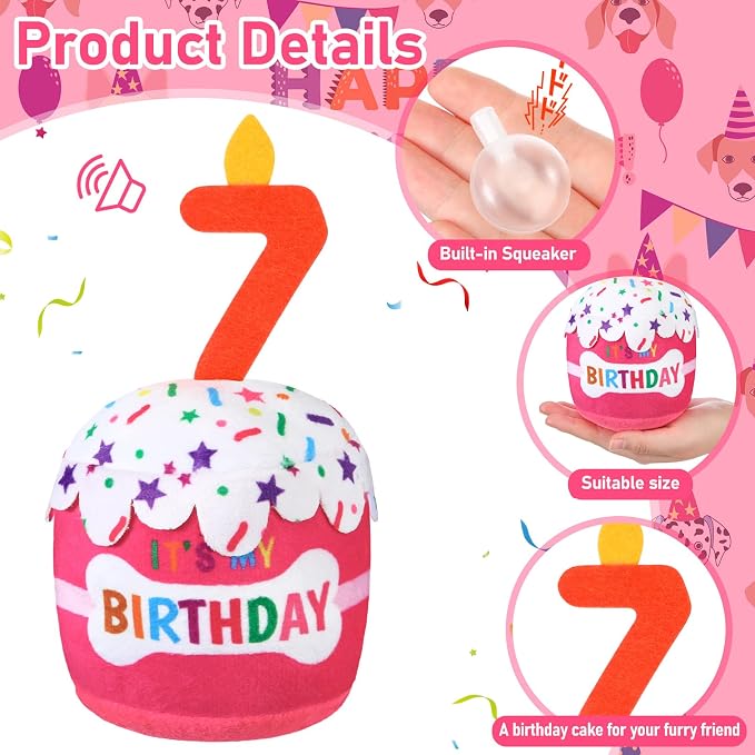 Dansydaisy Dog Birthday Cake Toy Squeaky Plush Gift,7th,Pink
