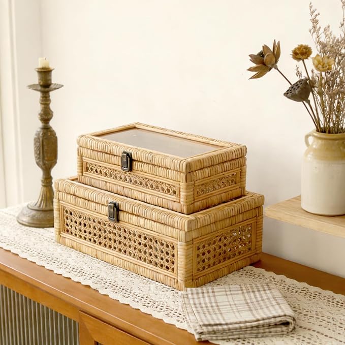 DECOR4SEASON Rattan and Cane Stacking Boxes with Glass Top Lid - Set of 2 for Boho, and Rustic Farmhouse Decor | Natural Rattan Texture, Vintage Trunk Style, Decorative Storage Boxes for Boho, and Rustic Farmhouse Decor
