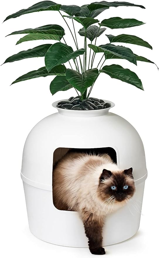Secret Litter Box by Bundle & Bliss - Hidden Litter Box Enclosure, Patented Design with Odor Control, Includes Faux Plant, Carbon Filter and Real Stones Vivid White