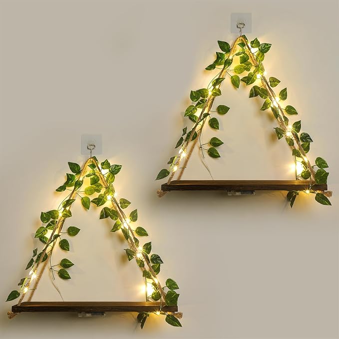 Wall Shelves, Floating Shelves No Drill, Command Shelf, Wall Decor | 2-Pack Hanging Shelves,Renter Friendly Shelves,Trinket Shelf,Room Decor,Comes with Artificial Ivy Vines and LED Strip Lights