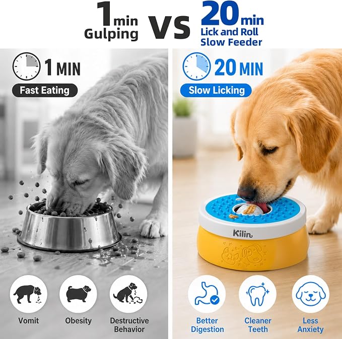 KILIN Slow Feeder Dog Licking Bowl with Rolling Ball,4 Non-Slip Pads,8fl oz